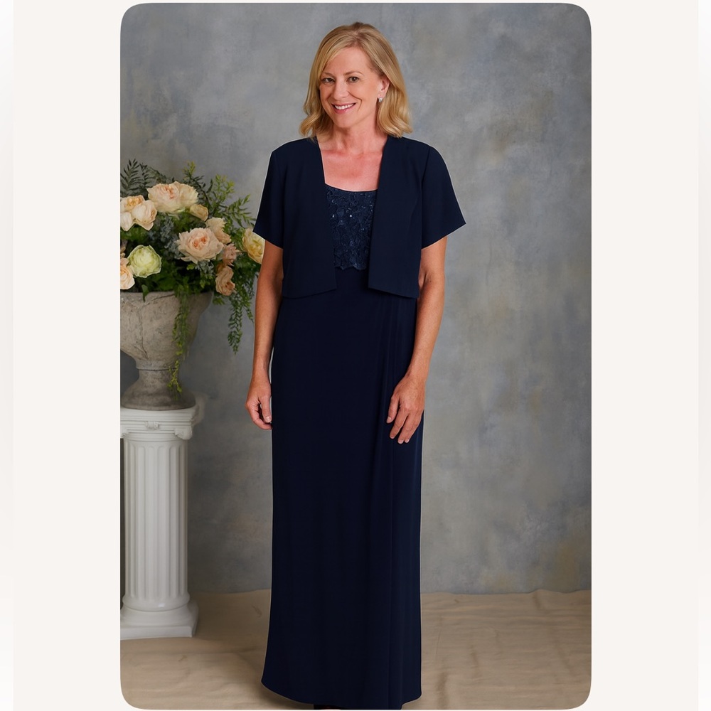 AfterDark Navy Blue Pebble Georgette Long Beaded Formal Jacket Dress Women Sz 10